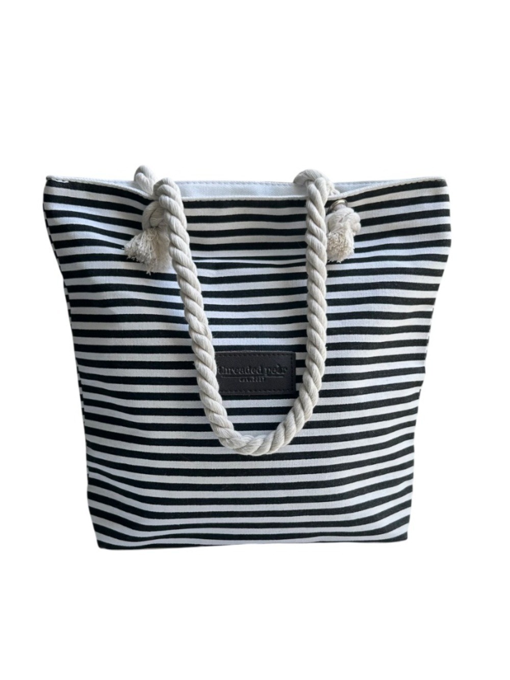 Threaded Pear Black & White Striped Tote Bag with Rope Handles